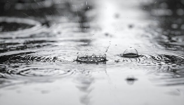 Raindrops falling on water creating ripples, droplets, and motion in a black and white close-up shot