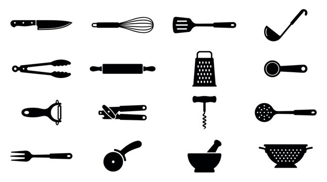 Large set of black kitchen utensils and cooking tools presented as a collection of minimalist silhouette icons for culinary and gastronomy concepts