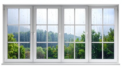Rain-streaked window panes reveal a green, leafy landscape with hills beyond, seen through a bright white frame