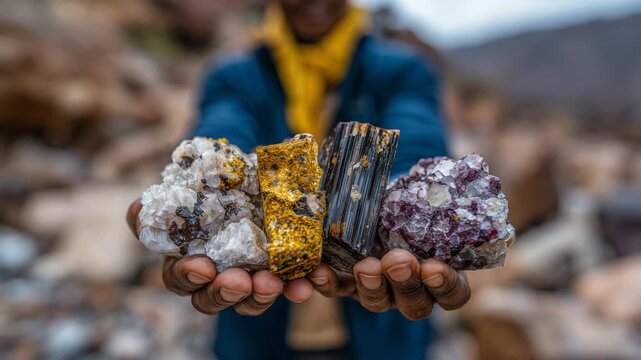 Detailed shot of hand holding mixed mineral specimens, rough textures of ores, natural outdoor background blurred, raw material collection and geology visualization
