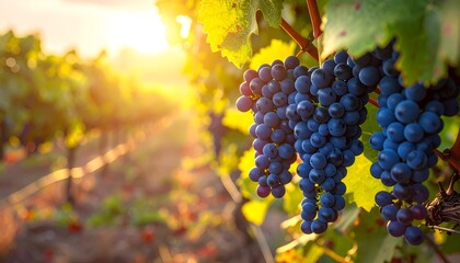 Fototapeta premium Ripe grapes hang in vineyard rows, bathed in golden sunlight, promising a bountiful harvest