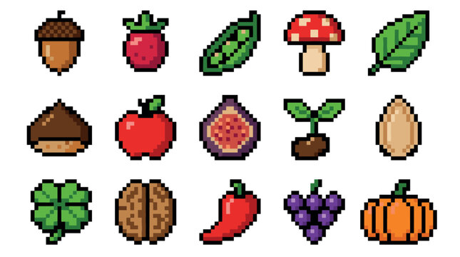 Collection of pixel art food and nature icons featuring fruits, vegetables, and nuts in a retro 8-bit video game style for graphic design elements
