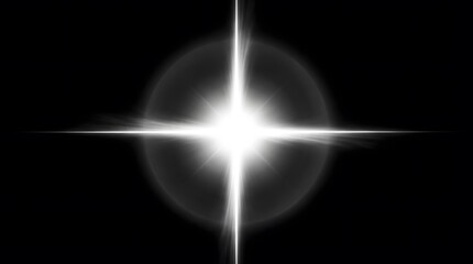 Intense white lens flare with cross shape radiating bright light beams against a deep black background setting