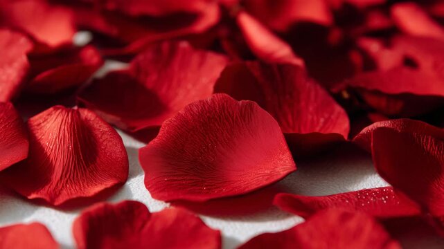 Elegant flat lay of velvety red rose petals, carefully spaced for balance, soft studio lighting highlighting texture and color depth, modern romantic design aesthetic