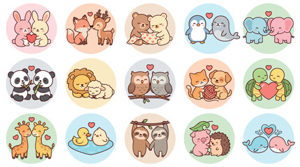 Naklejka premium Large collection of cute cartoon animal couples in love, an adorable kawaii style sticker set with various species like pandas, foxes, bears, and sloths for Valentine's Day