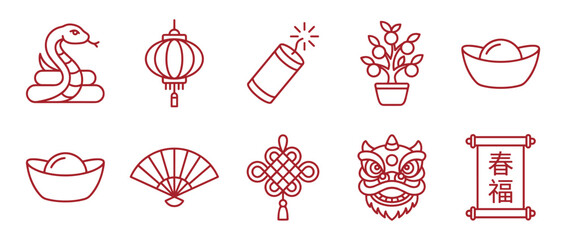 Set of red Chinese New Year icons featuring a snake, lantern, firecracker, ingot, and lion dance head, rendered in a clean, minimalist line art vector illustration style