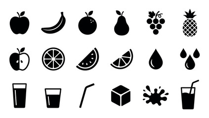 Collection of black fruit and juice icons showing an apple, banana, orange, pear, grapes, pineapple, and drink elements like a glass, straw, ice cube, and splash