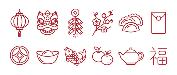 Set of red line art icons representing traditional Lunar New Year symbols, including a lantern, lion dance, firecrackers, dumplings, red envelope, and the character for good fortune