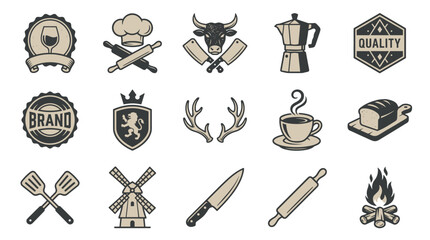 Set of vintage food and drink icons featuring coffee, wine, bakery, and butcher elements for branding and logo design in a retro monochrome style collection