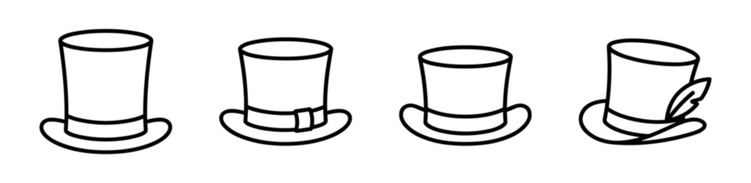 Set of four black outline top hats in a simple icon style, showing variations with a ribbon, buckle, and a feather, representing a classic gentleman accessory collection
