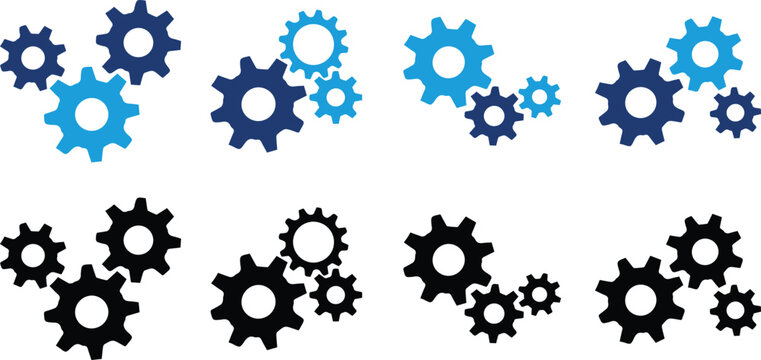 Gear icon vector set, black cogwheel vector collection, mechanical gear shapes, engineering symbols, industrial machinery, sprocket designs, abstract gearwheel graphics