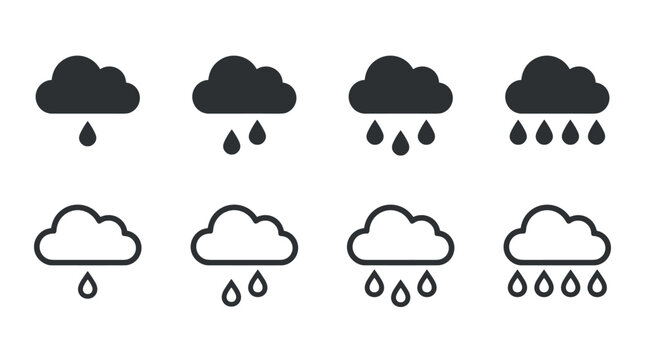 Set of black rain cloud icons showing different rainfall intensity levels in solid and outline styles for a weather forecast application or user interface design