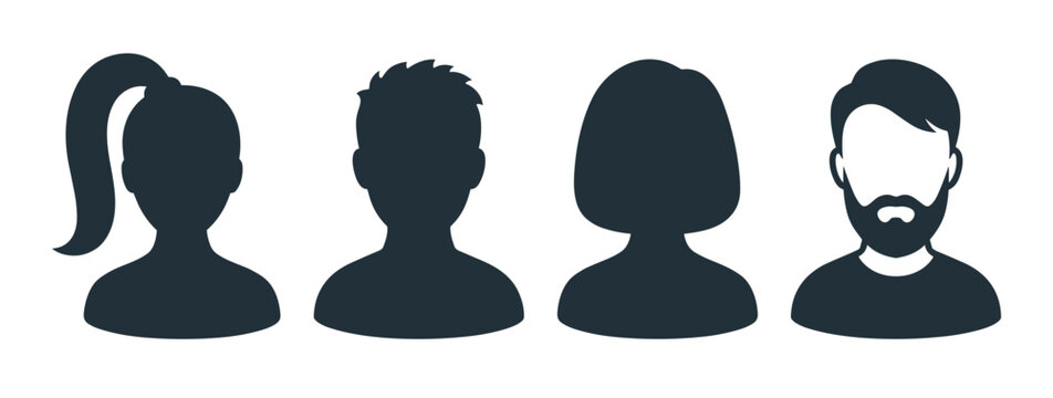 Four dark grey anonymous profile icons featuring male and female head and shoulder silhouettes with diverse hairstyles like a ponytail, spiky hair, a bob, and a full beard