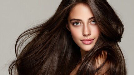 Naklejka premium Luxury haircare beauty model with healthy glossy hair for premium advertising campaigns. 
