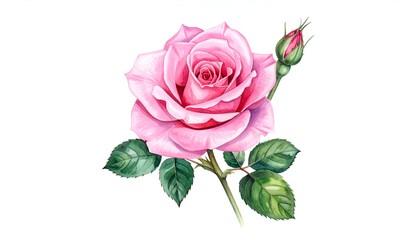 Pink rose with a bud and green leaves, isolated on white. Watercolor style. Elegant, romantic, and feminine artwork