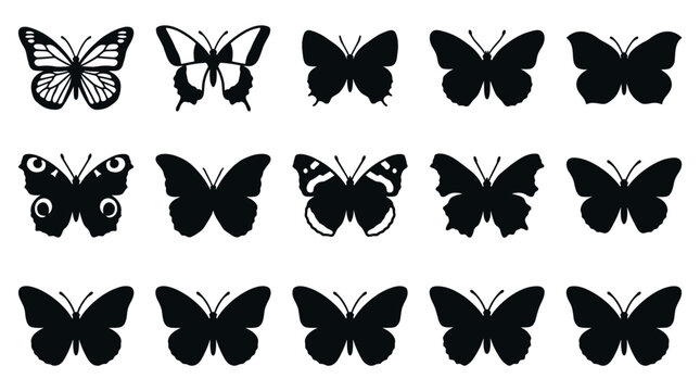 Collection of black butterfly silhouettes with various wing shapes and patterns, representing a diverse set of insect icons for graphic design and decorative elements