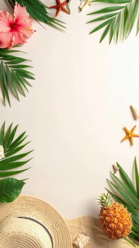 Tropical beach essentials including palm leaves, hibiscus, pineapple, and hat.
