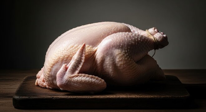 Raw, plucked chicken rests on a dark wood cutting board