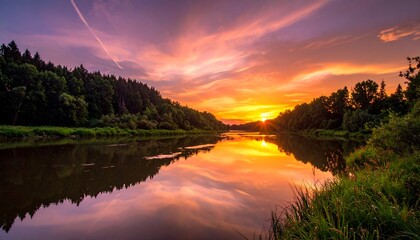 River reflects a vibrant sunset with orange, pink, purple and greens. Clouds add drama