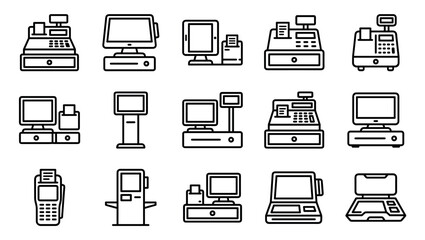 Collection of cash register and POS system icons in a minimalist line art style, showing various electronic payment terminals, tills, and checkout equipment for retail business