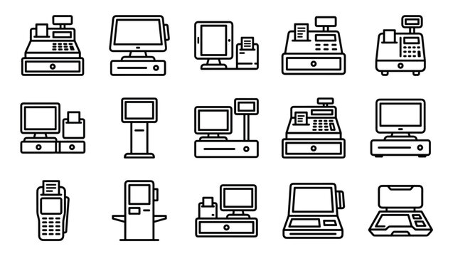 Collection of cash register and POS system icons in a minimalist line art style, showing various electronic payment terminals, tills, and checkout equipment for retail business