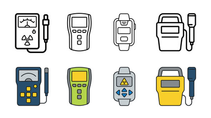 Set of Geiger counter and dosimeter icons in outline and color styles for measuring radiation levels, featuring various device designs like handheld, wrist-worn, and survey meters