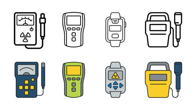 Set of Geiger counter and dosimeter icons in outline and color styles for measuring radiation levels, featuring various device designs like handheld, wrist-worn, and survey meters
