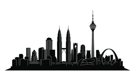A striking skyline depiction of kuala lumpur malaysia showcasing iconic landmarks in black silhouette high quality professional detailed modern elegant stylish clean © CreativeAlim02