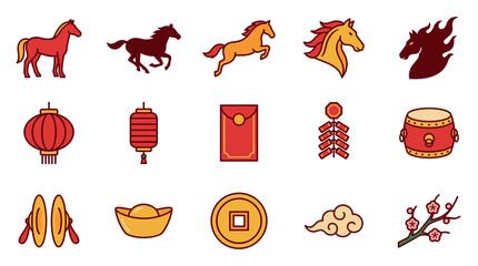 Set of colorful vector icons for the Chinese New Year of the Horse, featuring traditional symbols like lanterns, firecrackers, red envelopes, and a drum in a flat outline style