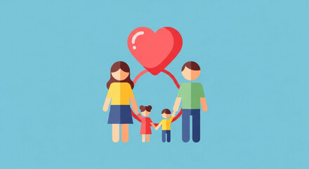 Fototapeta premium Happy family with children holding hands and a heart shaped balloon on a blue background symbolizing love and togetherness in a colorful illustration