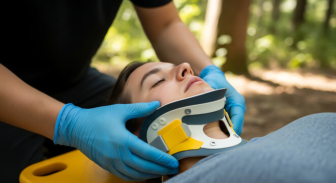 First Responder Applying Cervical Collar to Injured Woman in Outdoor Emergency