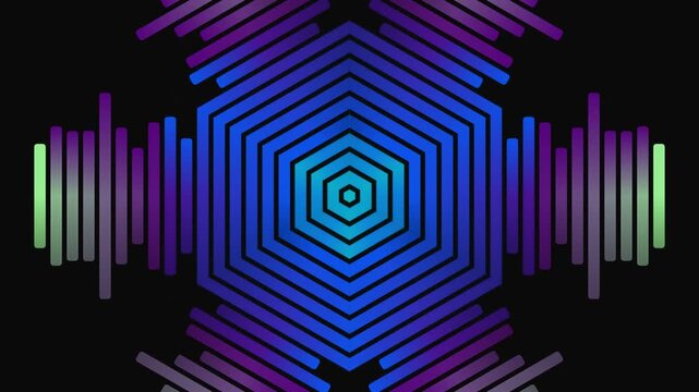 Abstract hexagonal audio visualizer with blue and purple neon gradient bars 4k