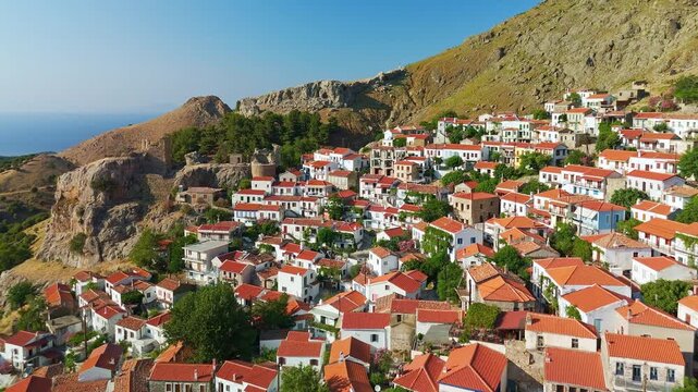Aerial View of Chora Medieval Village on Samothraki Island Greece
