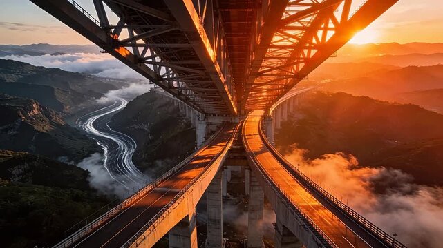 Steel bridge spanning canyon river at sunset with mountains and clouds