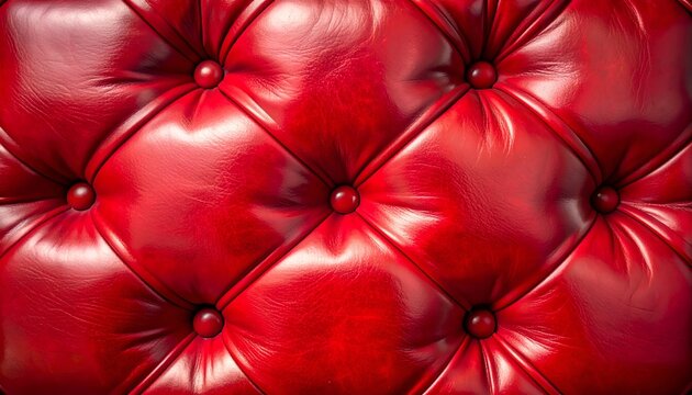 Red leather button-tufted close-up of cushioned surface, highlighting deep folds and glossy sheen in uniform pattern
