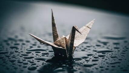 Fototapeta premium Origami crane made from patterned paper, resting on a wet surface with a blurred background