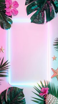 Summer tropical frame with glowing fluorescent border, monsteras, hibiscus, starfish, and pineapple.