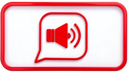 Red speaker icon within a red speech bubble, framed in red, against white backdrop