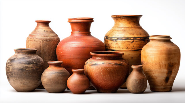 Traditional earthenware jars and pots made of clay or earthenware on a white background.