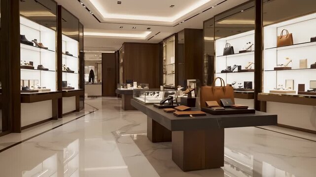 Luxury boutique interior with display cases and merchandise.