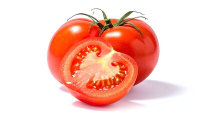 Red tomatoes with stem and a cut-in-half tomato showing the seeds and flesh isolated on a white background