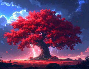 Red tree on a field beneath a stormy sky, lightning strikes. Dramatic, vibrant colors. Digital artwork
