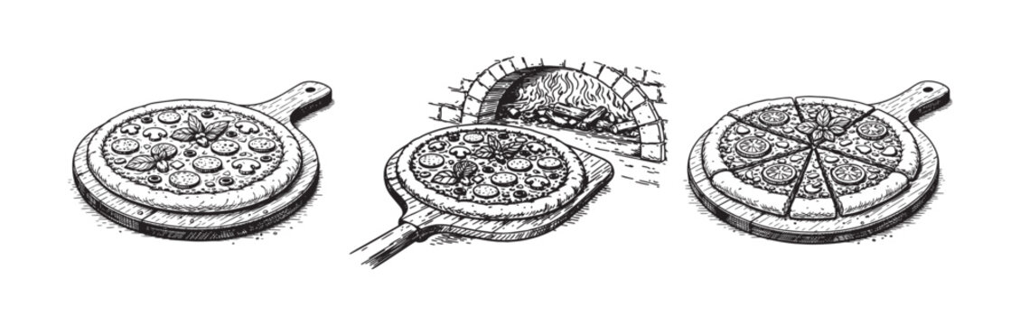 Pizza in the oven vector sketch. Pizza on a wooden board.