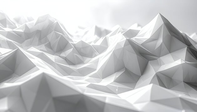 Polygonal terrain in shades of white, resembling snow-capped mountains under a bright light, geometric abstractions