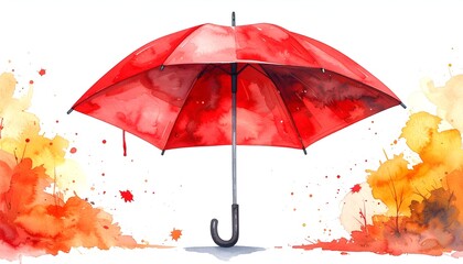 Red umbrella watercolor illustration with autumnal colors. Elegant, soft, vibrant, and inviting art