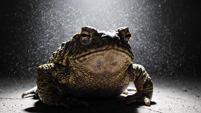 Large toad under dramatic spotlight on cracked ground in darkness