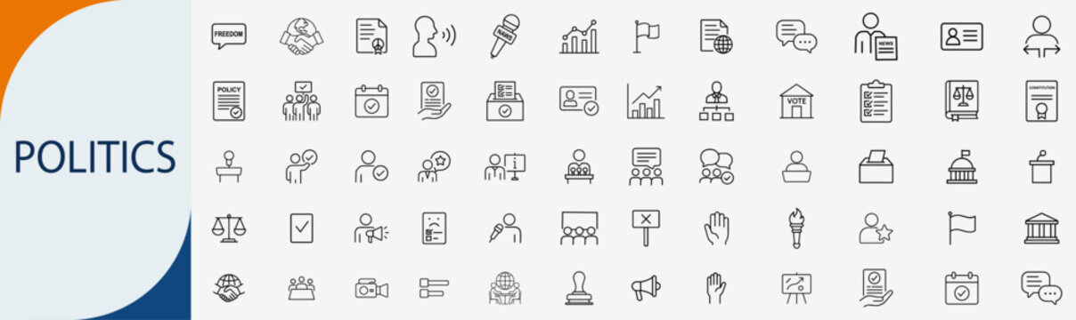 Politics and government icons set, line symbols for democracy election voting leadership and public policy vector illustration