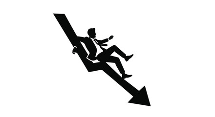Businessman sliding down arrow in black silhouette