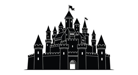 A striking black castle illustration with multiple towers and flags depicted as a bold silhouette high quality professional detailed modern elegant stylish © CreativeAlim02