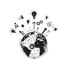 Global innovation concepts and technological connectivity illustrated around a lightbulb globe.